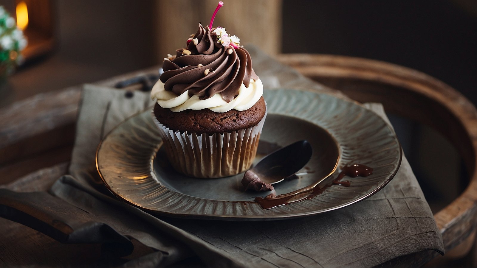 Cupcake with chocolate cream and white frosting on a silver plate with vintage cutlery, rustic wooden table, soft natural light.