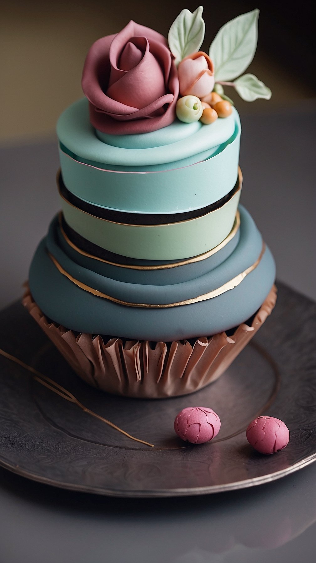 Three-layer cupcake and cake design with turquoise, blue-green, pink, and rose colors, chocolate praline cream, sugar flowers.