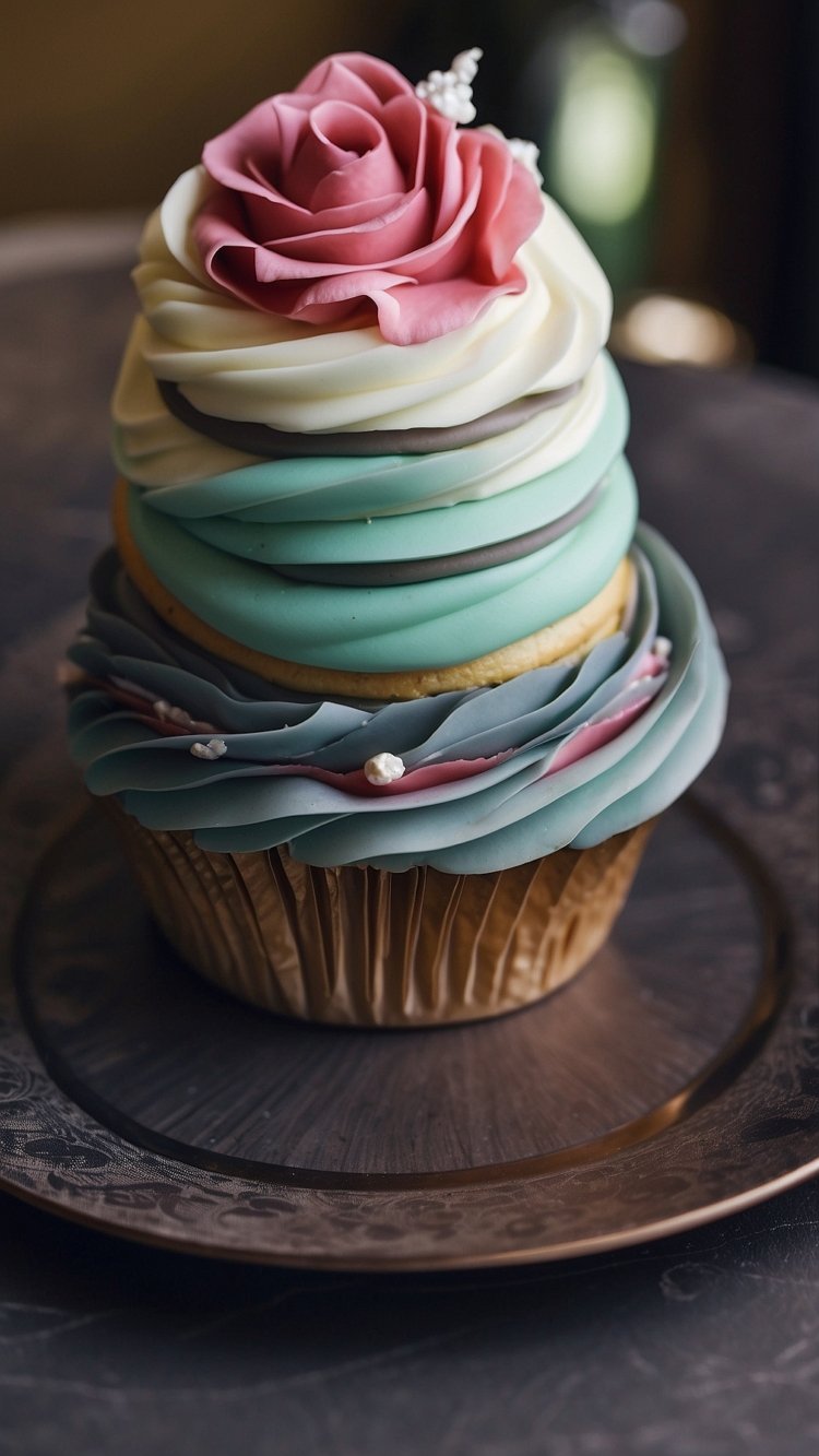 Elegant pastel-colored cupcake with delicate icing decorations, realistic fine art photography style.