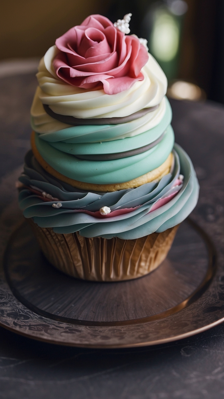 Elegant Cupcake with Pastel Layers and Icing Decorations