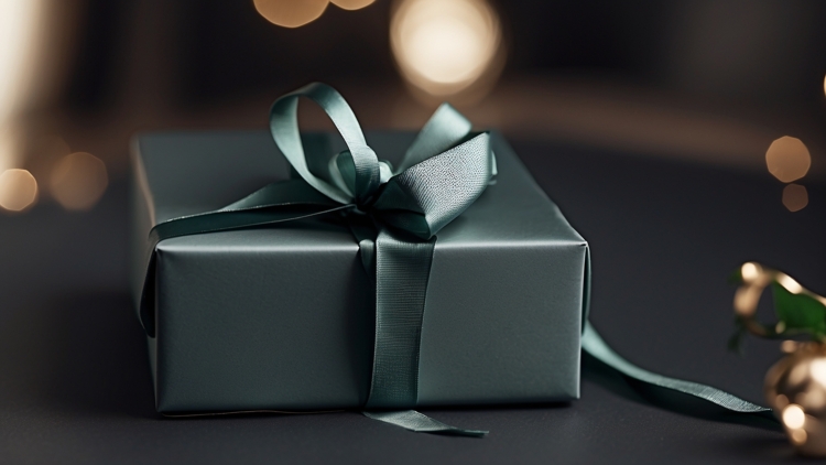 Dark green gift box wrapped in satin ribbon with bokeh effect and blurred lights against black background.