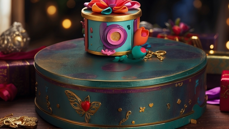 Round teal gift box with colorful ribbons on an elegant table, surrounded by other gifts in a festive setting.