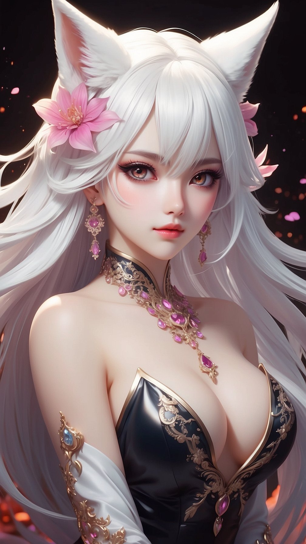 Anime-style cat-girl with white hair, pink flower, and an elegant black dress with gold trim and lace.