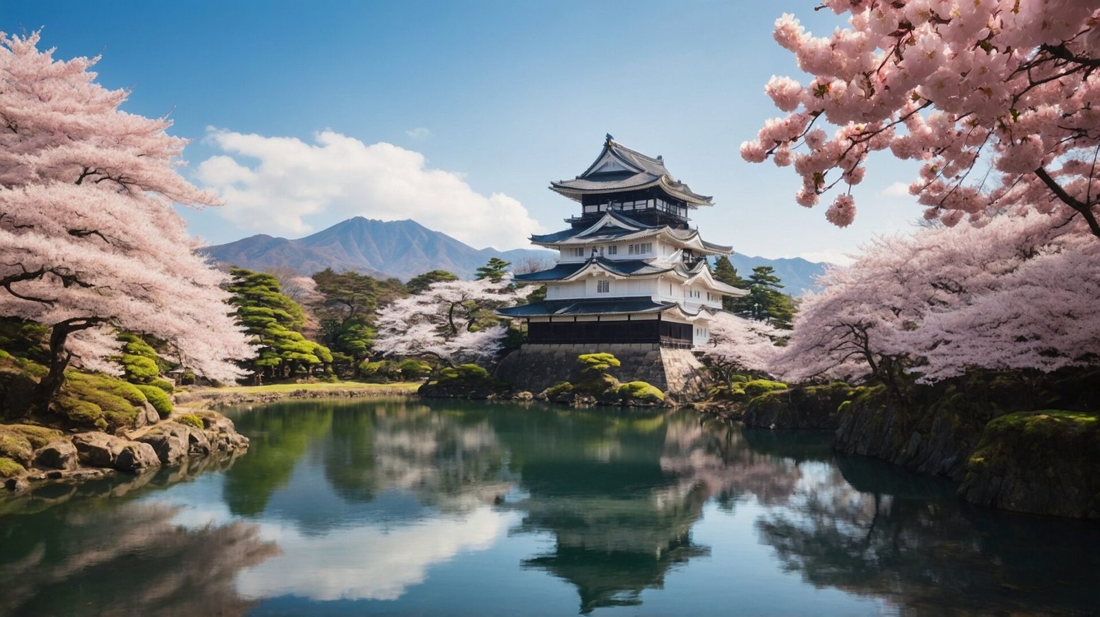 Cherry blossoms in full bloom around a Japanese castle with mountains and a blue sky reflecting on calm waters.