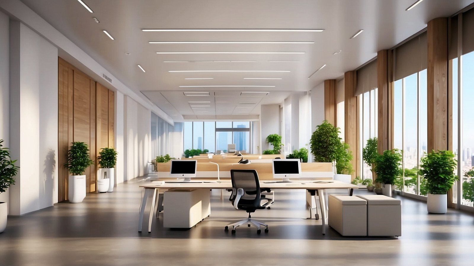 Modern office with desks, computers, large windows, wooden accents, and plants creating a stylish and productive workspace.