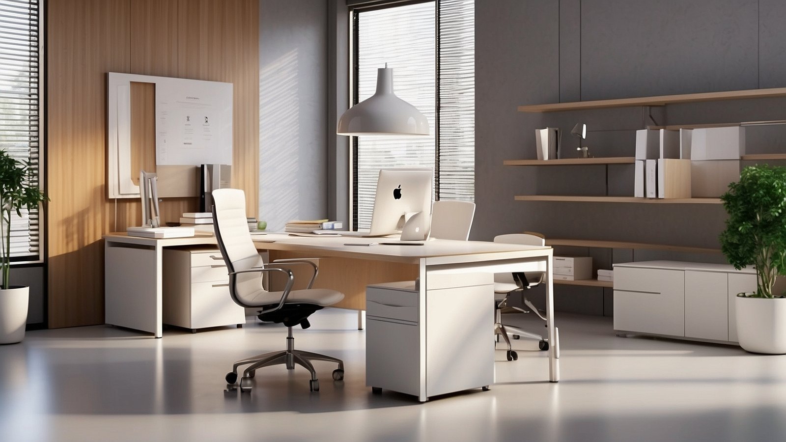 Modern office with a white desk, computer, chair, wood panels, and natural light streaming through a large window.