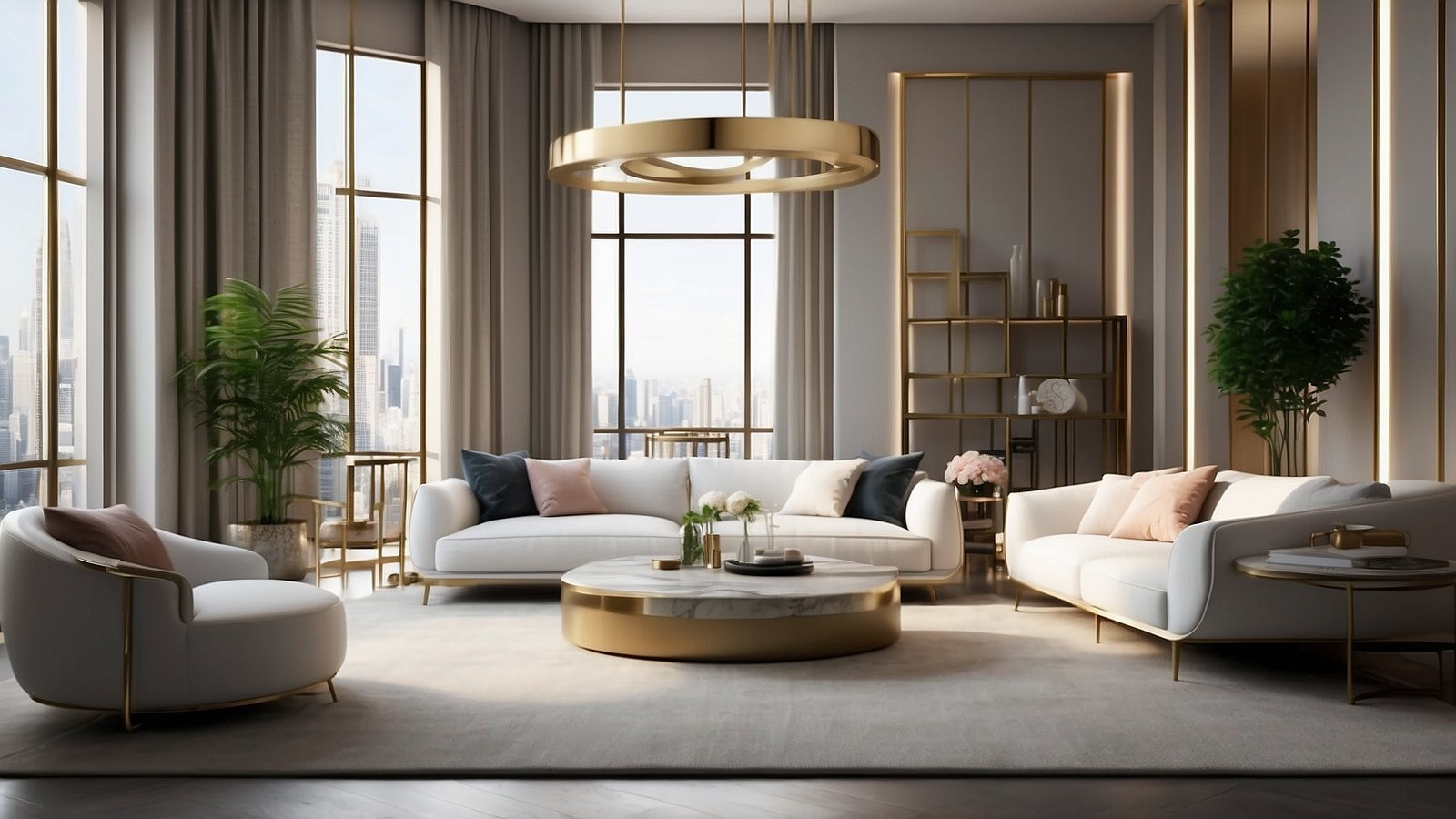 Modern living room with white and gold furniture, large windows, city view, marble coffee table, and luxury decor.