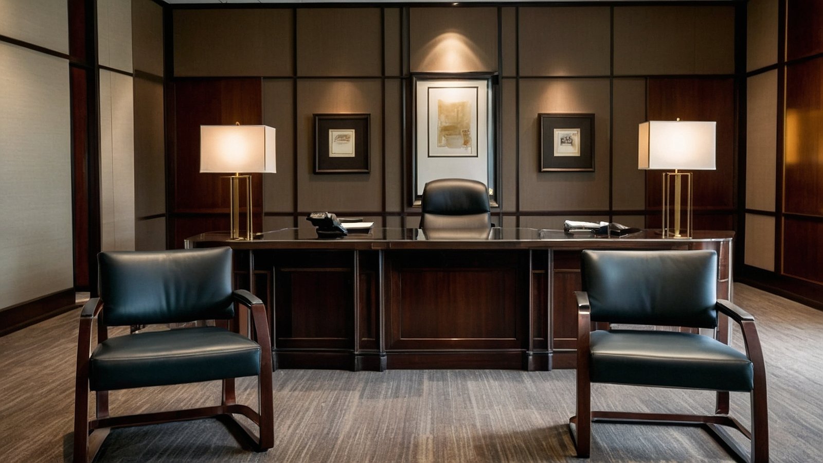 Executive office with dark wood paneling, leather chairs, large desk, wall lamps, and ambient lighting for a sophisticated look.