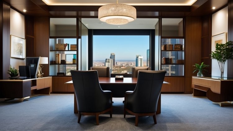 Luxurious executive office with dark wood paneling, large windows, leather chairs, and high-end furniture, overlooking the city skyline.