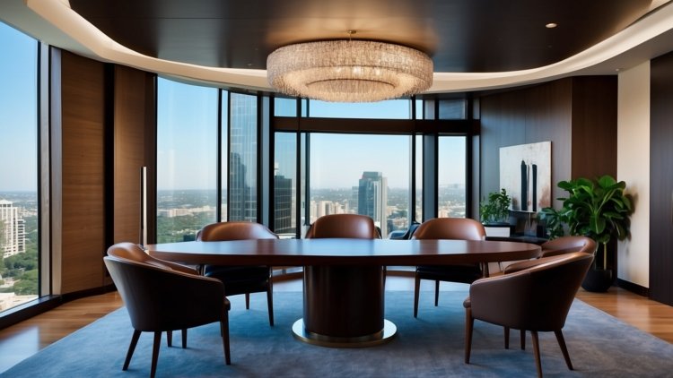 Elegant office boardroom with a round table, leather chairs, dark wood accents, large windows, and a modern chandelier.