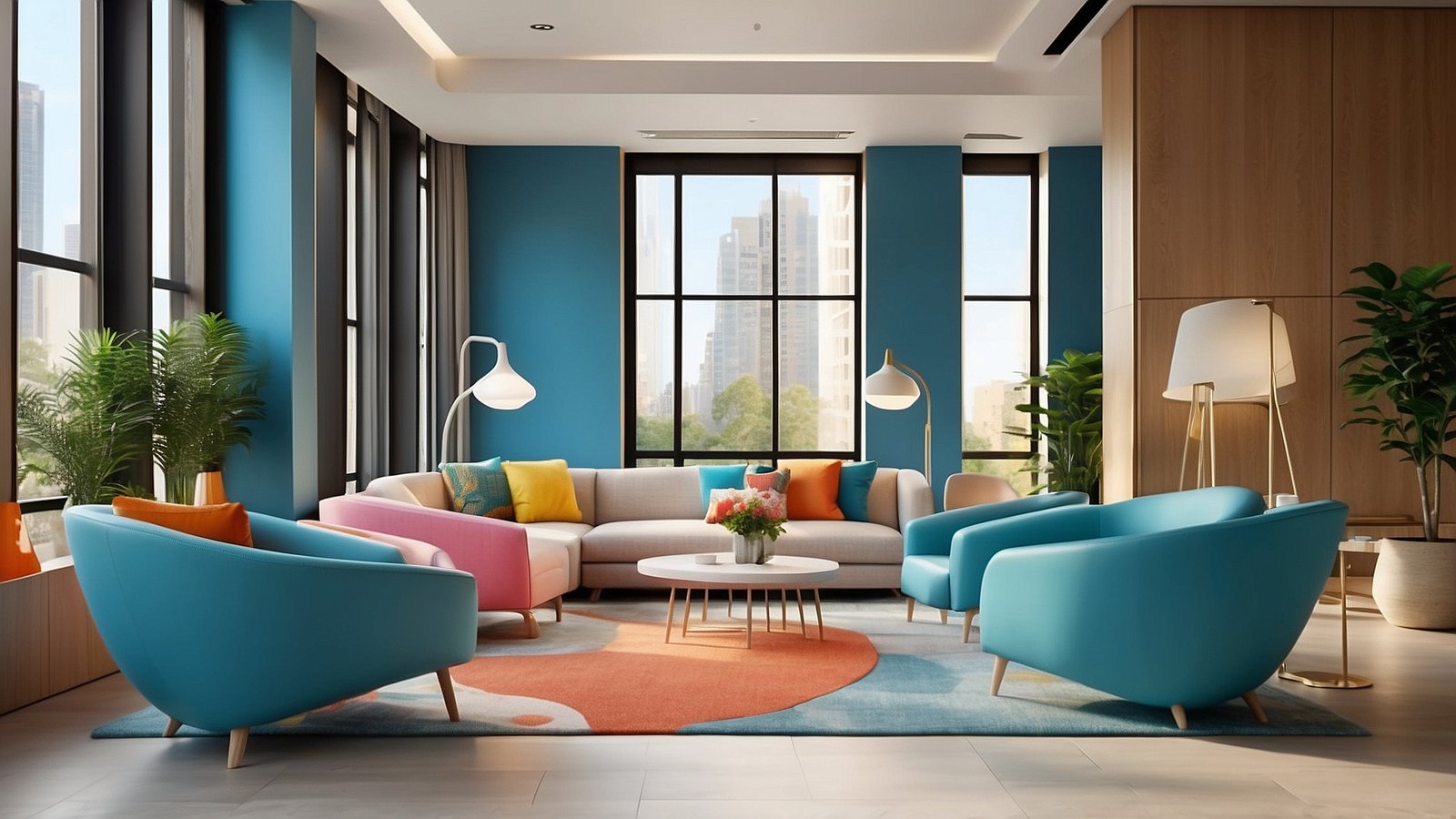 Modern office waiting room with blue and turquoise decor, colorful accents, cozy seating, large windows, and high ceilings.