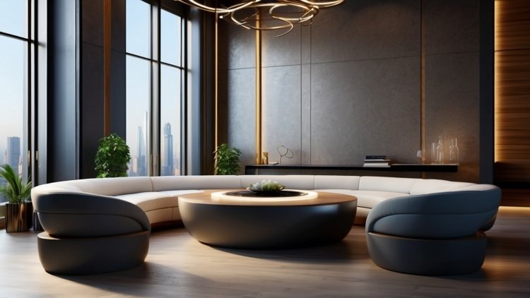 Elegant curved sofa with sleek chairs, coffee table, large windows, city view, and soft lighting in a luxury interior.