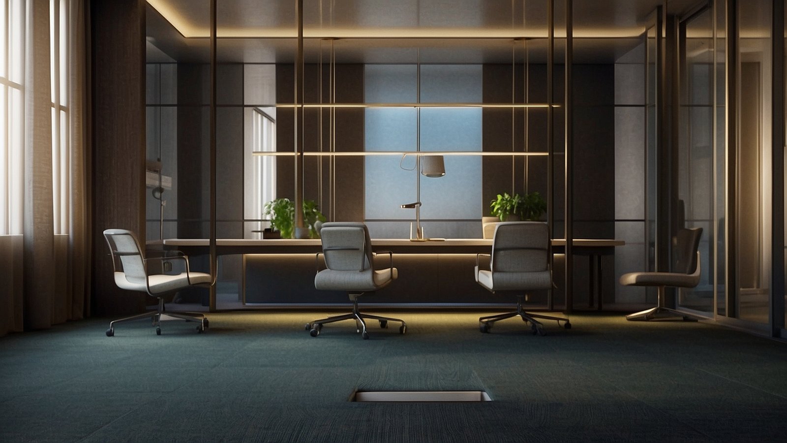 Modern office with chairs, empty desk, glass walls, dark gray carpet, warm cinematic lighting, and a large window.