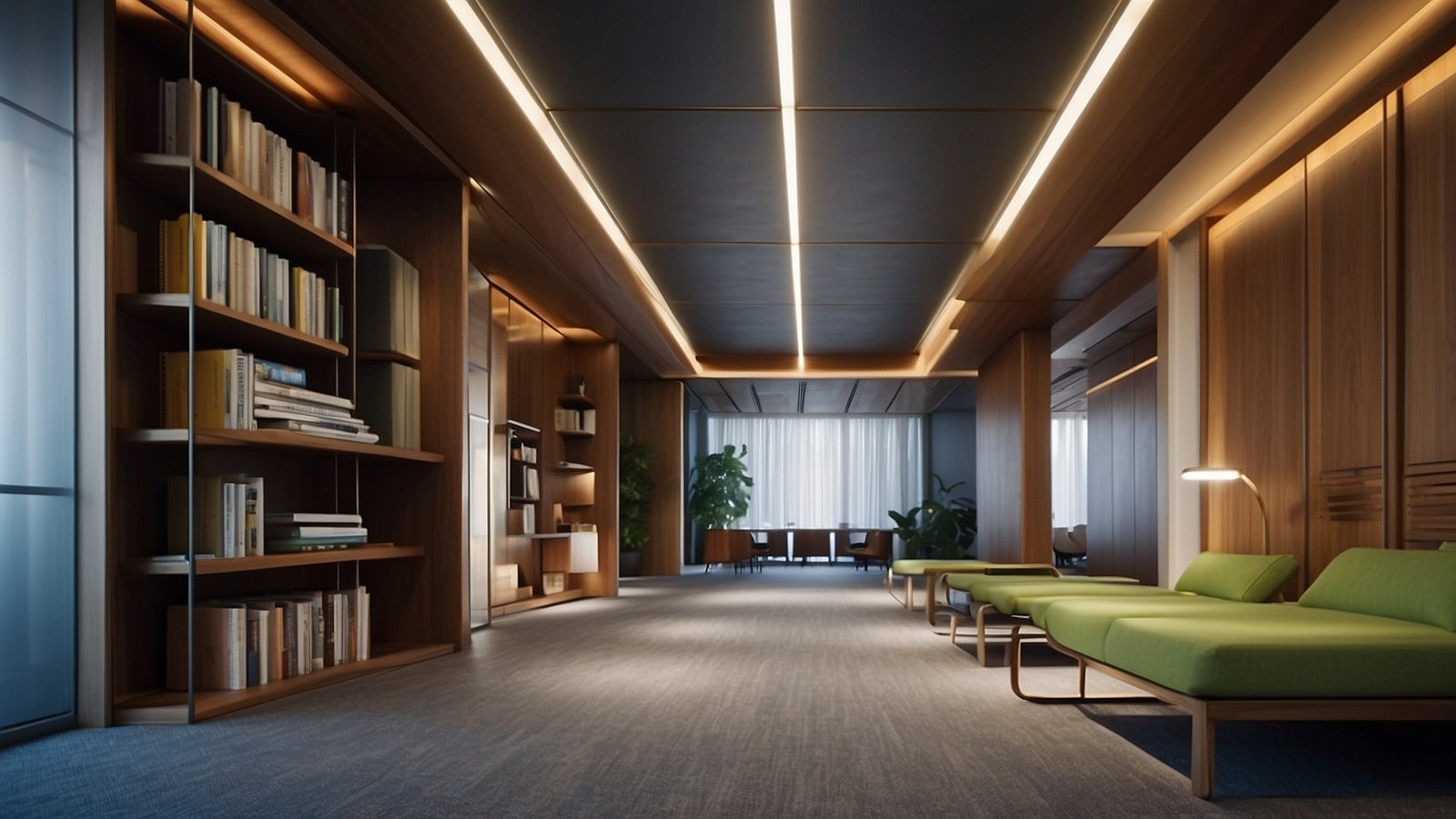 Modern corridor with bookshelves, green sofas, dark wood walls, gray carpet, and linear ceiling lights.