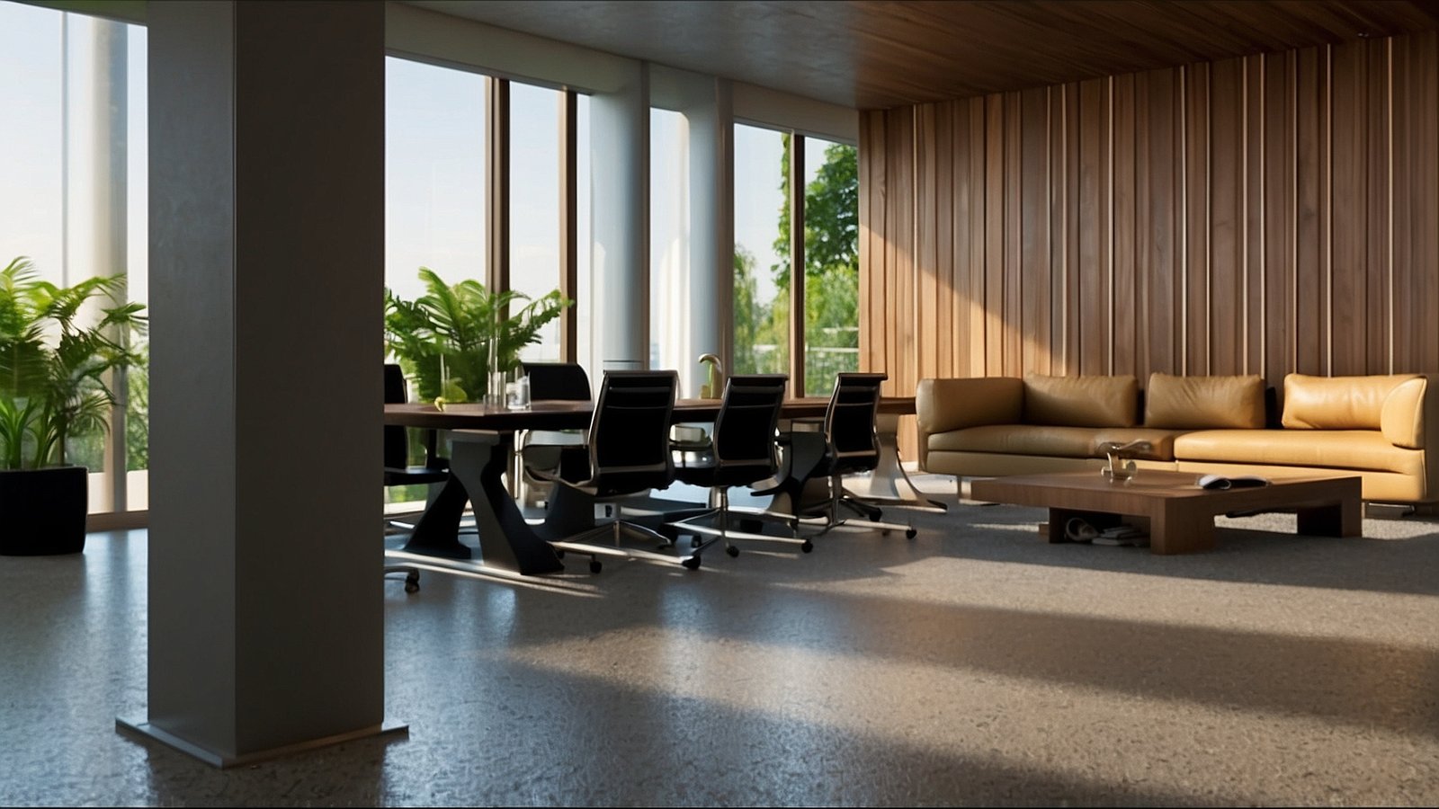 Modern office with wood paneling, black sofa, oak conference table, large windows, plants, and polished concrete floor.