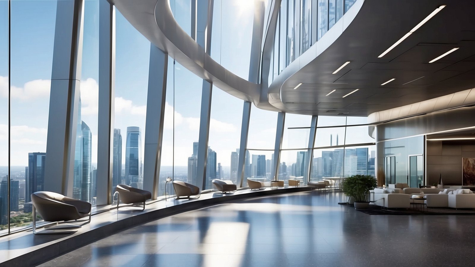 High-rise office tower lobby with large glass windows, luxury seating, curved architecture, and a city skyline view.