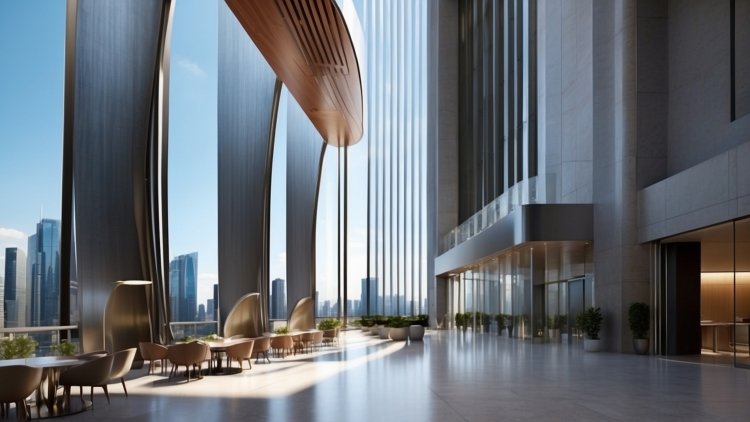 Architectural rendering of a modern office lobby with large windows, curved wooden structure, skyscrapers, and outdoor seating.