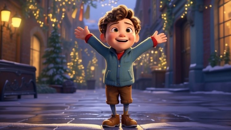 Free AI Image: Joyful Pixar-Style Boy - Pixar-style animated boy with arms raised in joy, wearing a winter jacket, surrounded by Christmas decorations and snow.