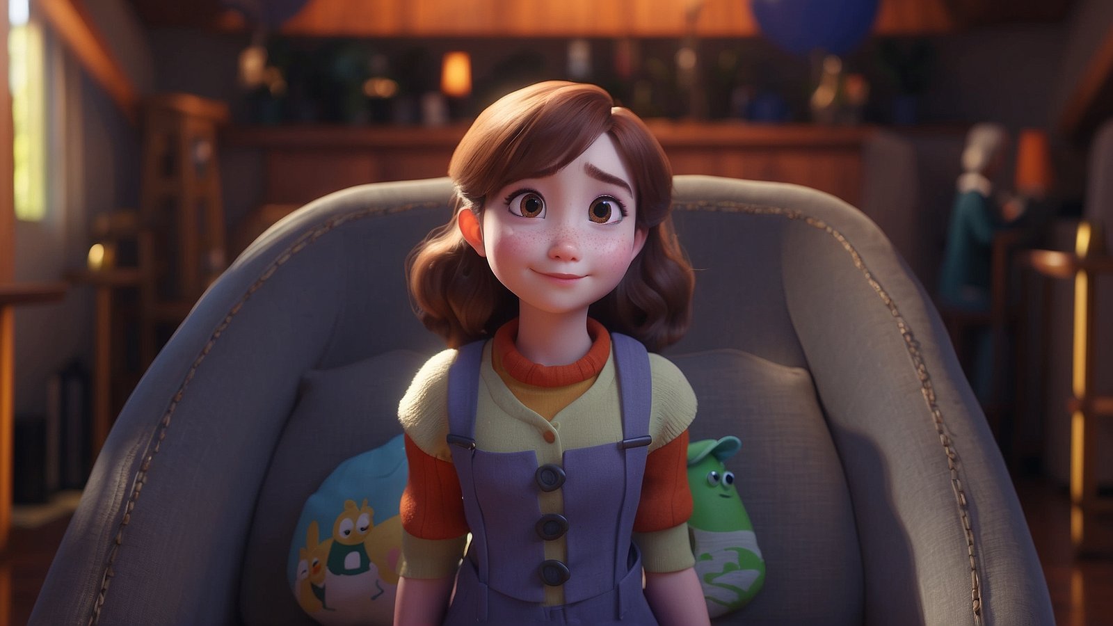 Free AI Image: Smiling Animated Girl - Pixar-style animated girl in overalls and apron, smiling while sitting in a cozy living room.