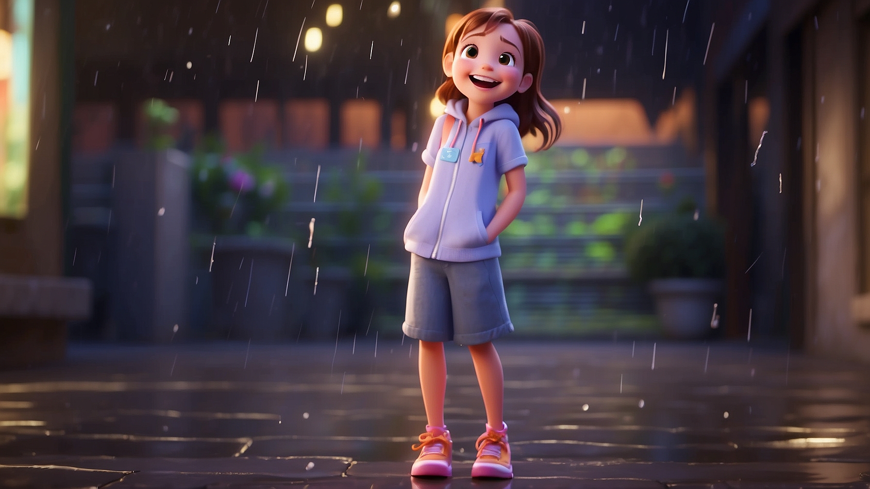 Cheerful Pixar-Style Girl - Pixar-style girl smiling in the rain, wearing sports shoes, with a lit indoor courtyard in the background.