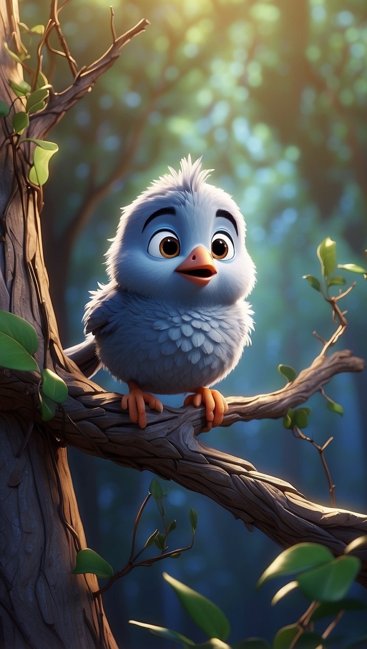 Free AI Image: Adorable Baby Blue Bird - Pixar-style baby blue bird sitting on a tree branch with a cinematic forest background.