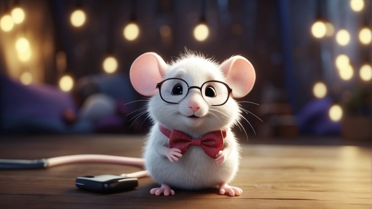 Free AI Image: Adorable White Mouse - Pixar-style white mouse with glasses and a bow tie sitting on a table with night lights in the background.