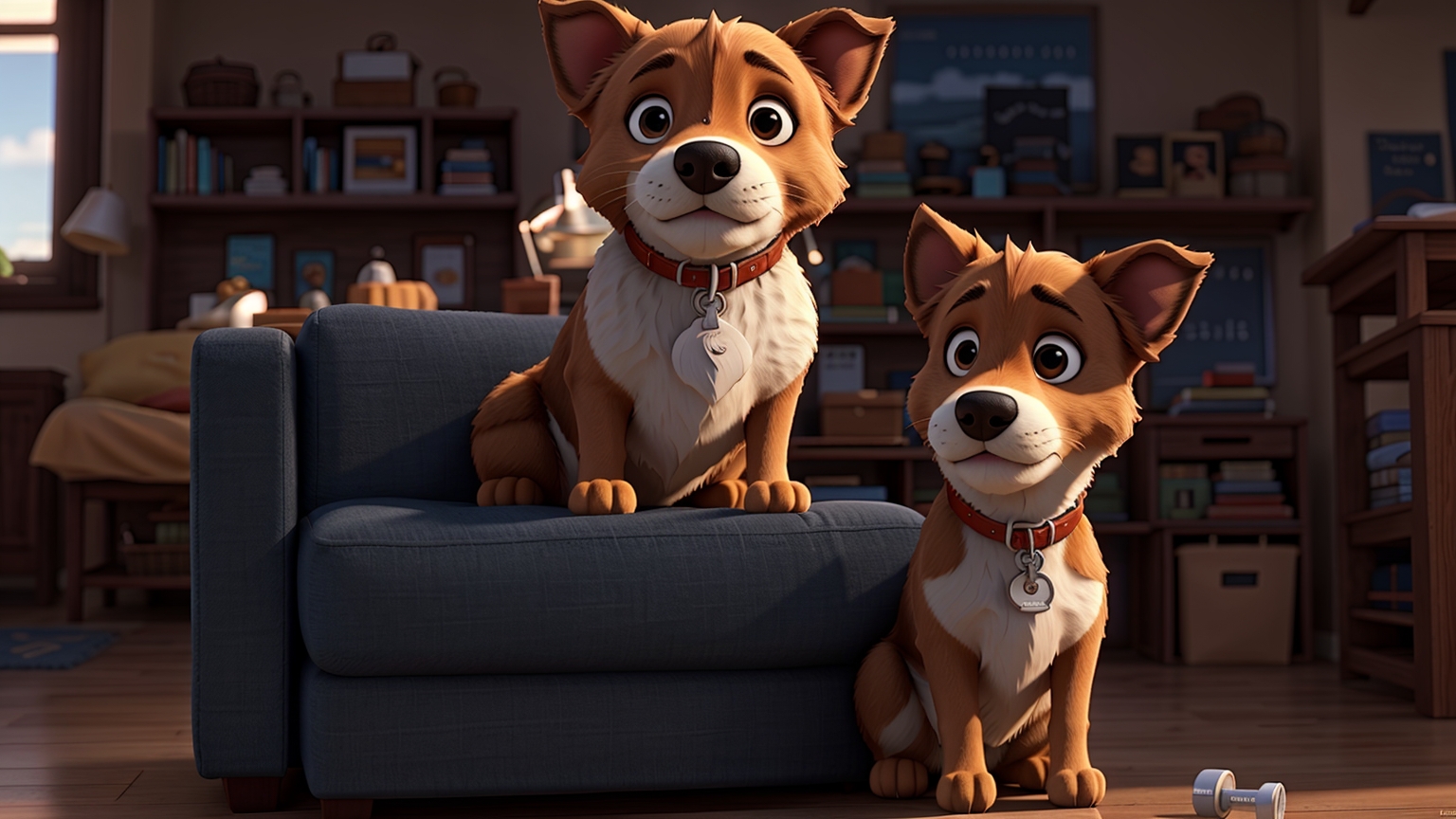 Free AI Image: Adorable Dogs-Two cute brown and white dogs sitting on a couch in Pixar-Disney animated style.