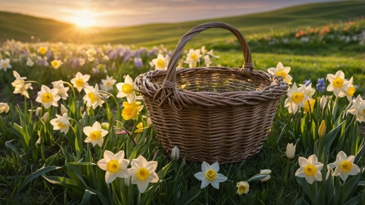 Wicker basket with spring flowers in a sunlit landscape of rolling green hills at sunrise