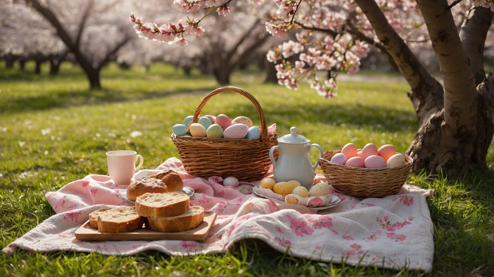 Easter picnic with pastel eggs, bread, and a tea set on a blanket in a blooming spring park.