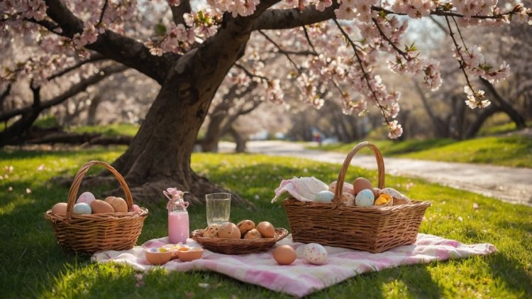 Free AI Image: Easter Picnic - Easter picnic under cherry blossoms with pastel eggs on a blanket, surrounded by green grass and soft natural light.