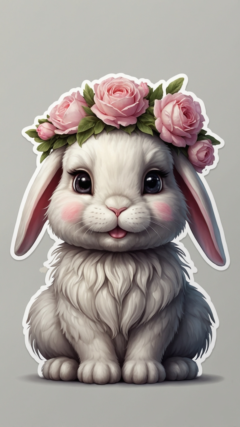 Cute Bunny Sticker with Pink Roses