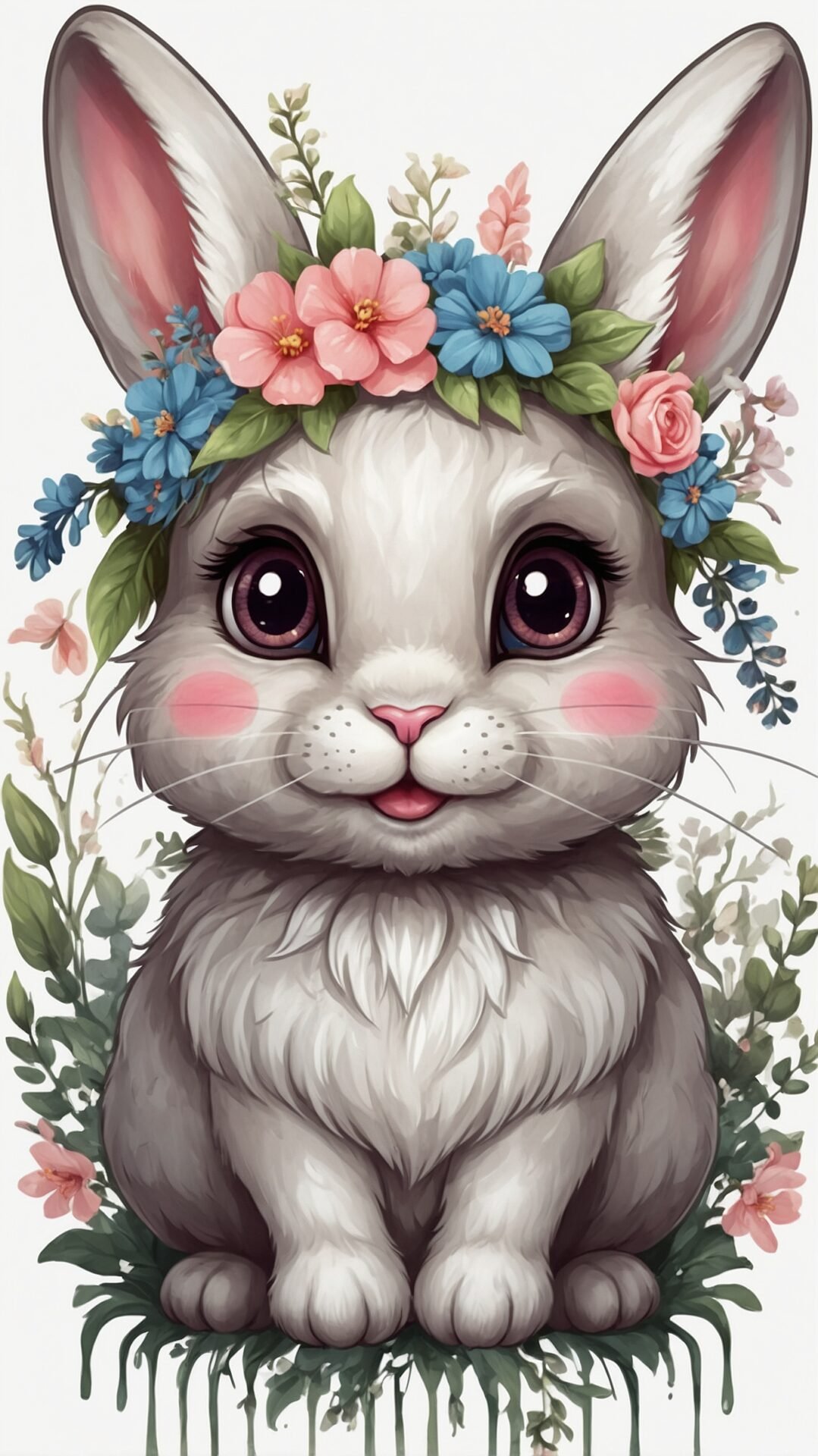 Free AI Image: Sweet Bunny - Adorable baby bunny with big eyes and a flower crown, sitting in a garden with colorful flowers and greenery.