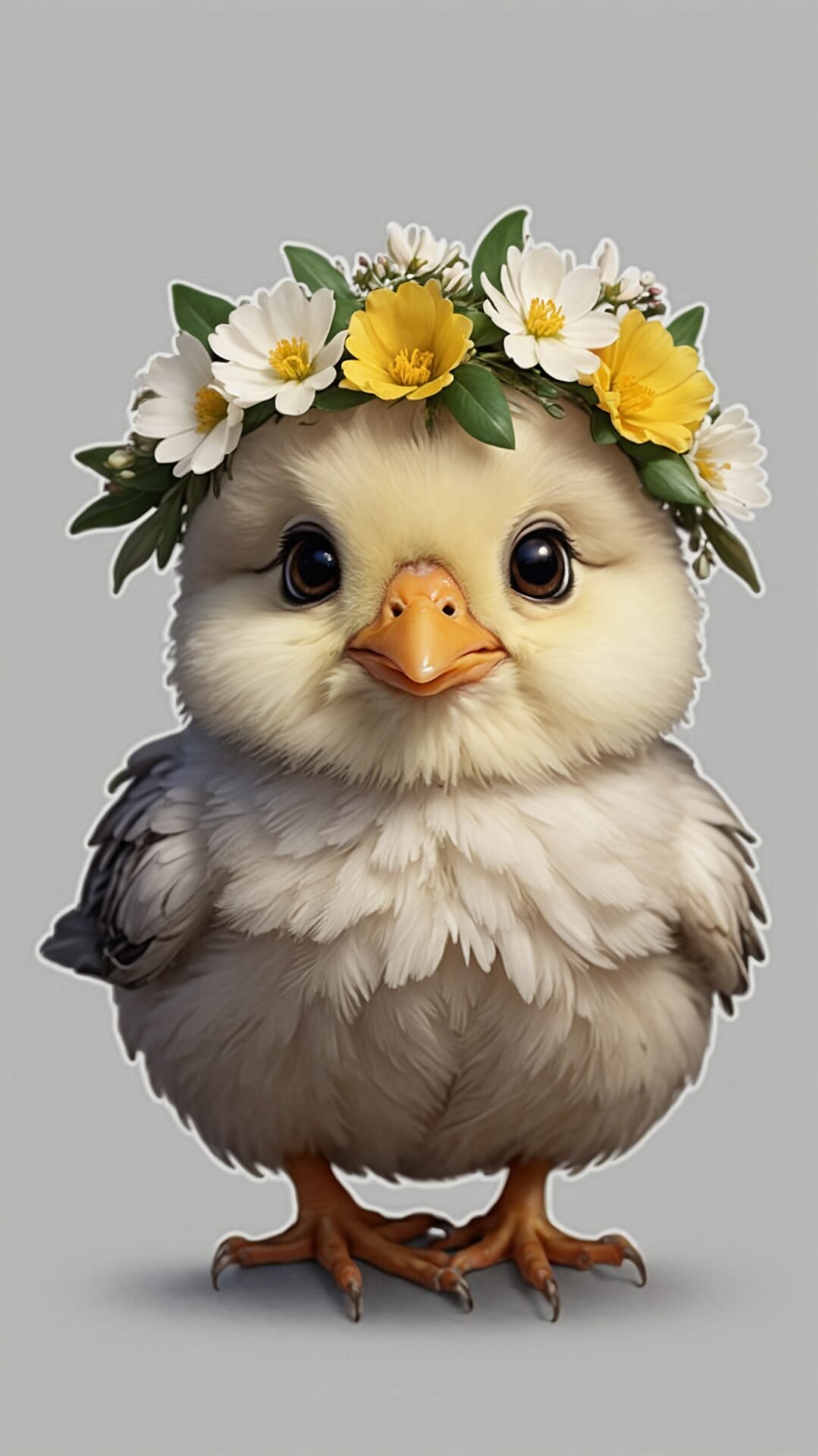 Adorable baby chick wearing a flower crown, standing in a cute digital art style with soft colors and warm lighting.