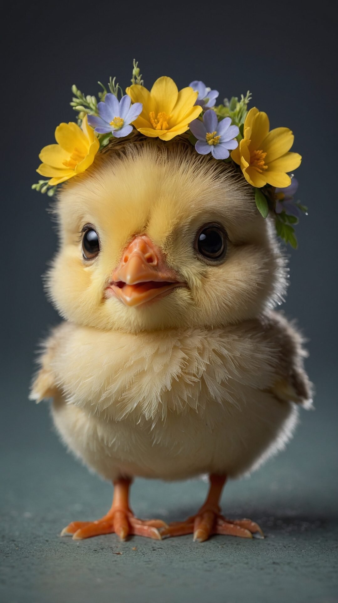 Realistic portrait of a cute yellow chick wearing a colorful flower crown, standing upright against a solid background.