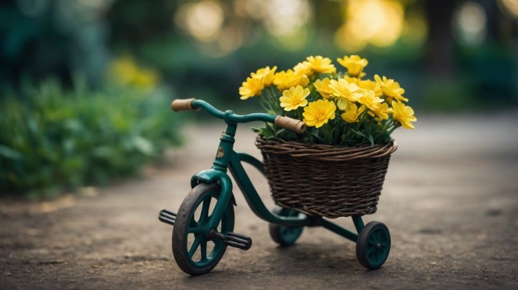 Green tricycle with a basket of yellow flowers on an outdoor road, captured in macro photography with a blurred background.