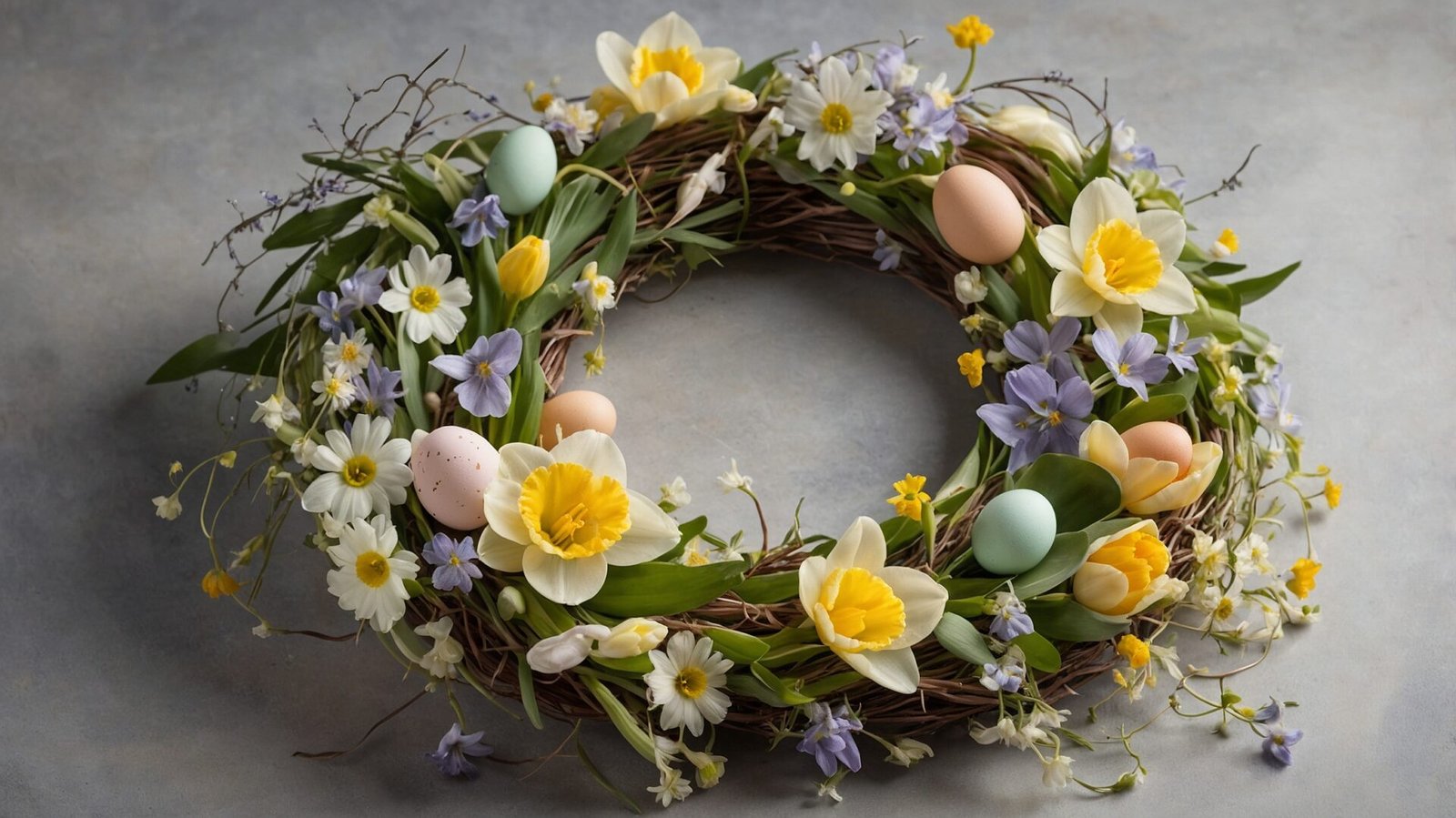 Close-up of an Easter wreath with pastel eggs and spring flowers, soft shadows, and a gray background.