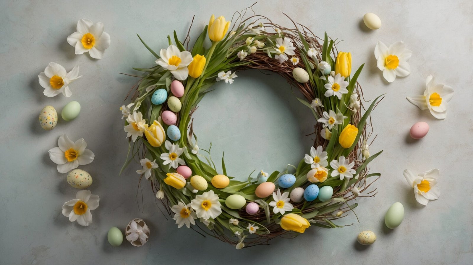 Flat lay of an Easter wreath with daffodils, tulips, and pastel eggs on a light blue background.