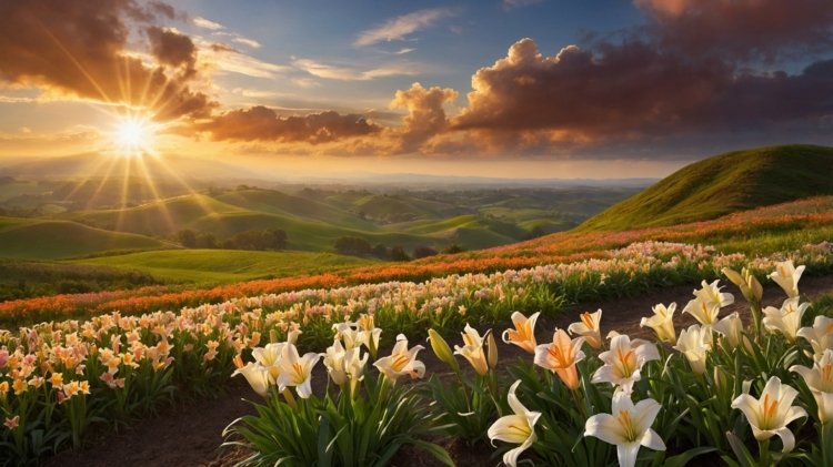 Rolling hills with blooming lilies under a sunset sky filled with soft clouds.