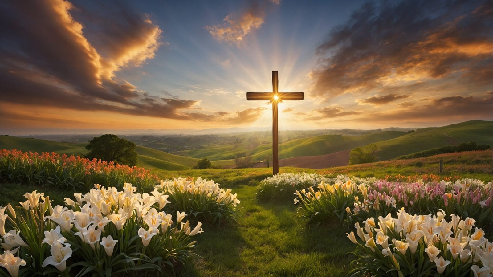 Sunrise over rolling hills with a wooden cross and white lilies in the foreground.