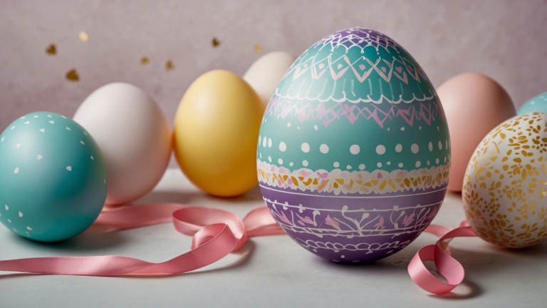 Festive Easter Eggs with Ribbons on Light Background