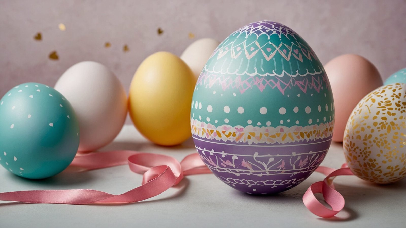 Pastel Easter eggs with hand-painted patterns and ribbons on a light background, offering copy space.