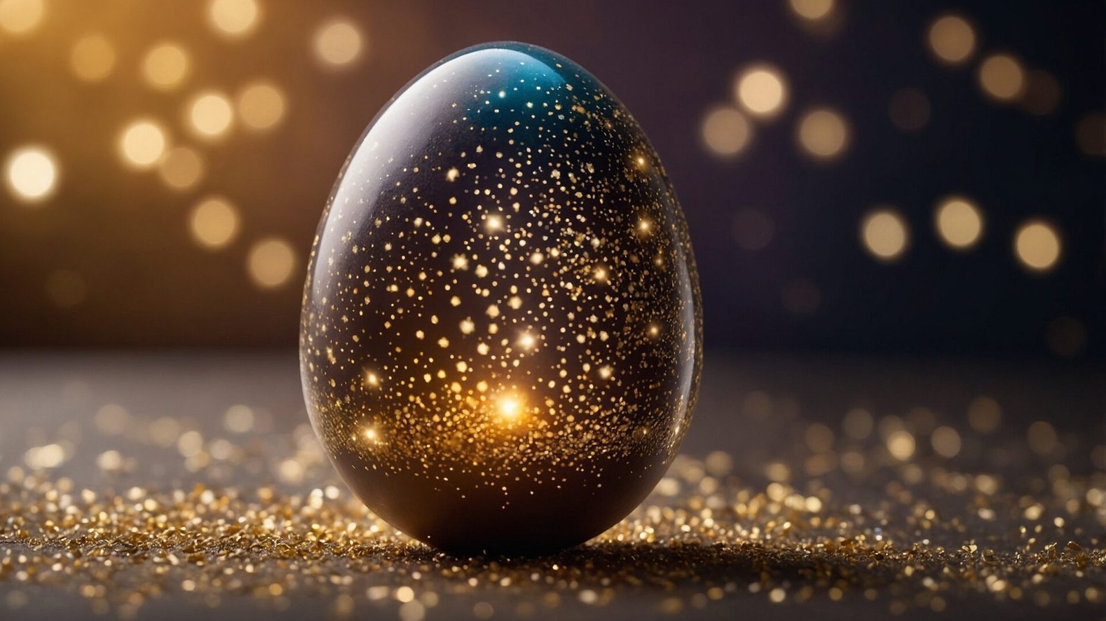 Surreal Easter egg with golden glitter against dark background and bokeh lights, fine art style photography.