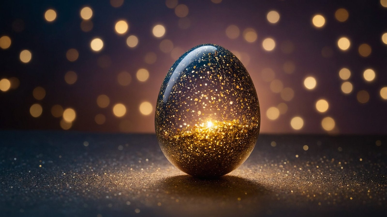 Free AI Image: Golden Easter Egg - Golden Easter egg with glittering glow, set against a dark background with sparkling lights and rich textures.