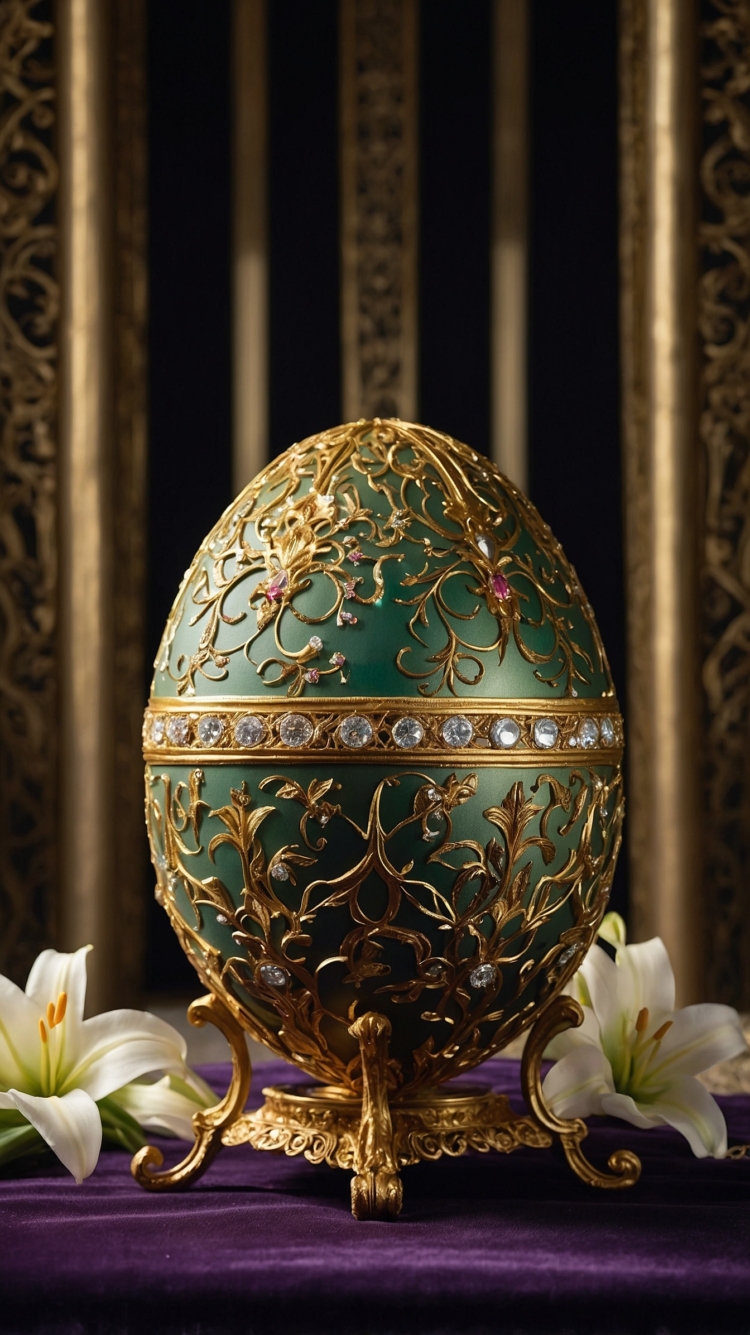 Luxurious green Easter egg with zircon details, displayed on a stand with blooming lilies in the background.