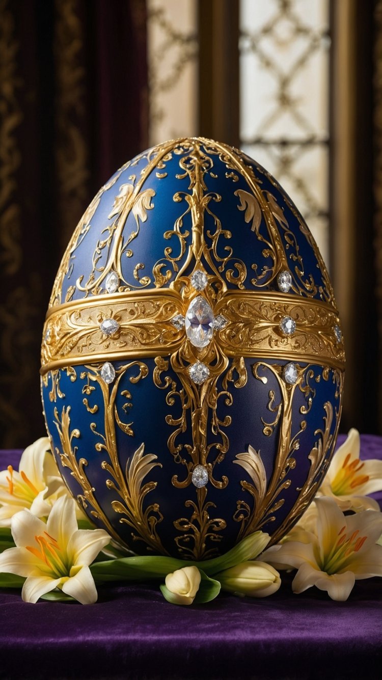 Elegant blue Easter egg with zircon details on rich purple fabric, accompanied by delicate white flowers.