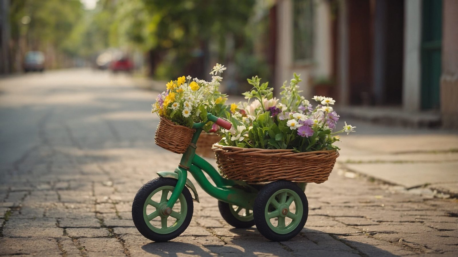 Green tricycle with a wicker basket of flowers on a sunlit street, high-definition and cinematic style.