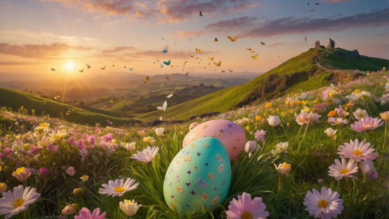 Colorful Easter Eggs and Flowers in a Spring Valley
