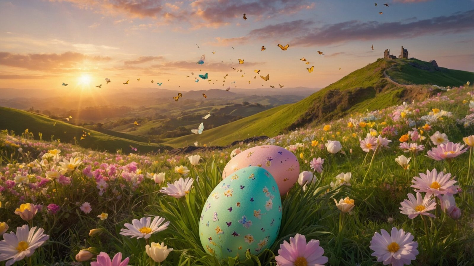 Easter eggs and flowers on green grass in a meadow with butterflies at sunrise, creating a magical atmosphere.