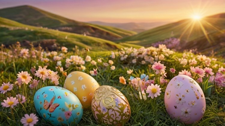 Pastel Easter eggs with floral designs on grassy hills under a sunrise, surrounded by rolling green meadows.