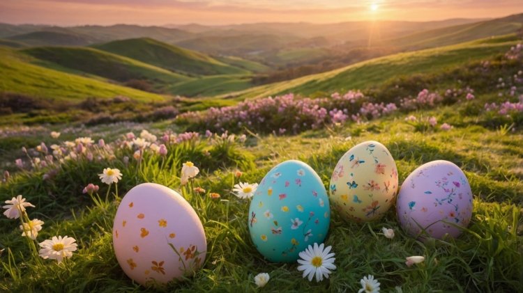 Decorated Easter eggs in a grassy field with flowers, hills, and a sunset in the background.